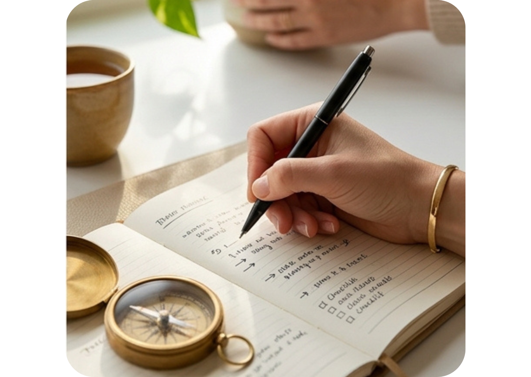 Hand writing on a travel itinerary form with a black pen, compass and cup nearby.