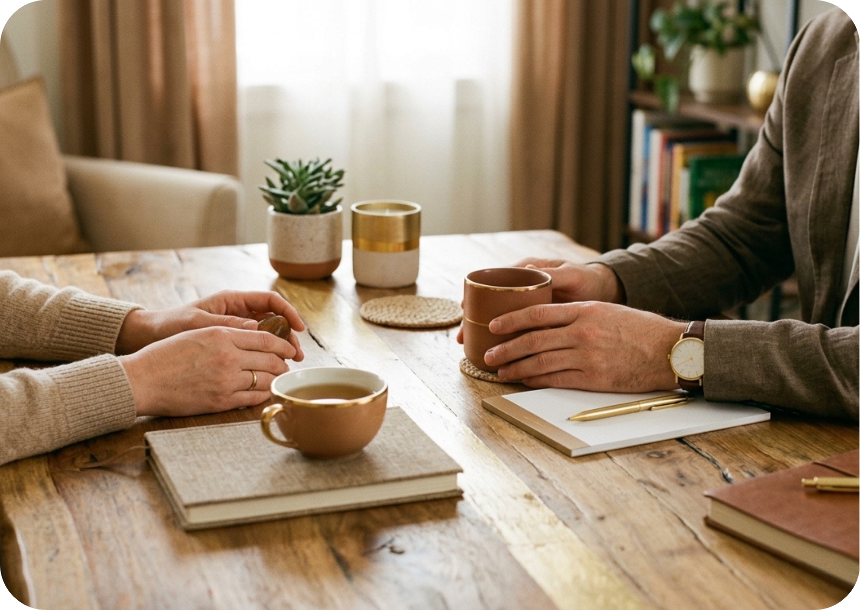 Two people holding warm mugs across a wooden table, with notebooks, pens, and small potted plant nearby.