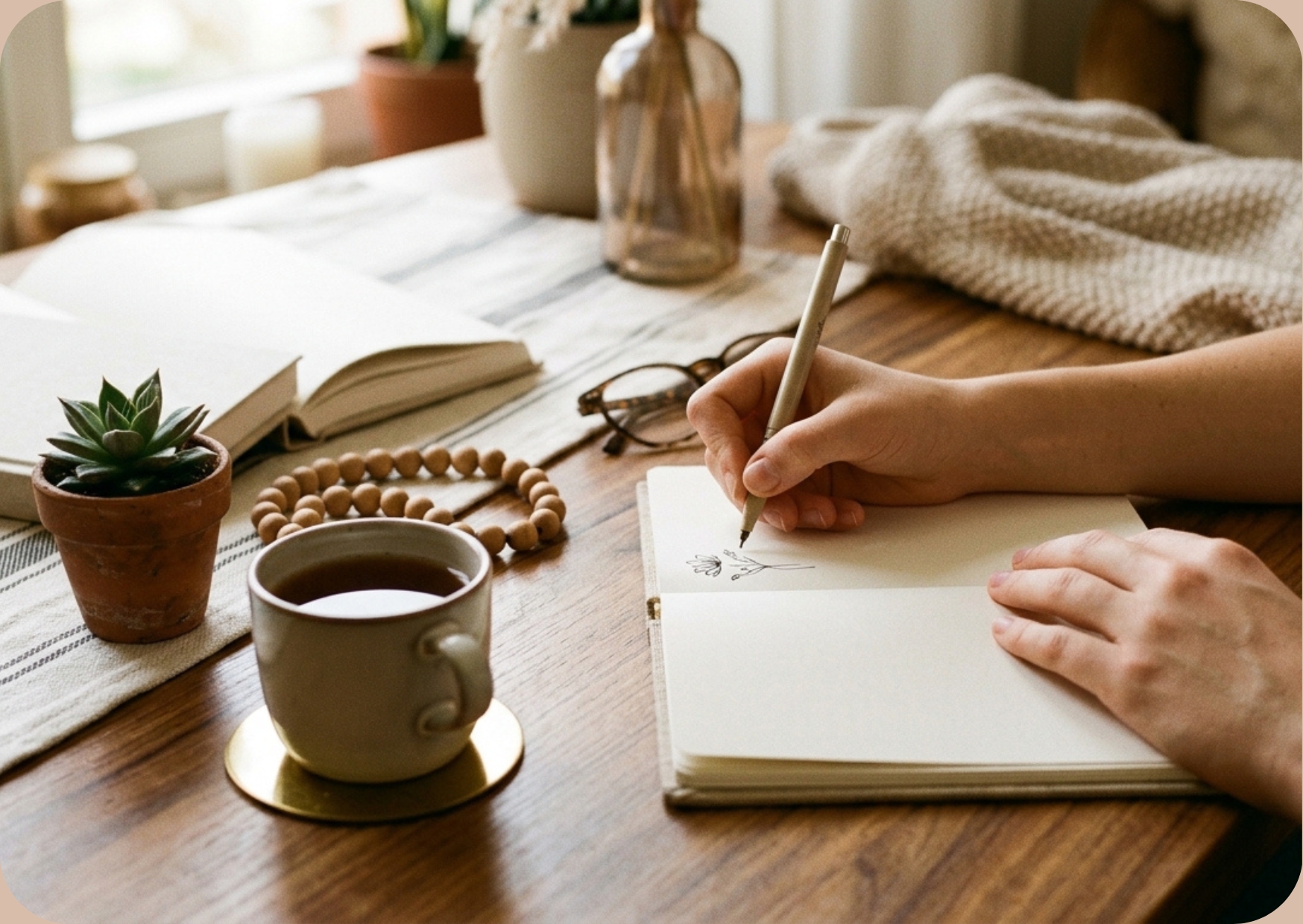 Person writing in an open notebook at a wooden table with coffee, beads, and a small plant.
